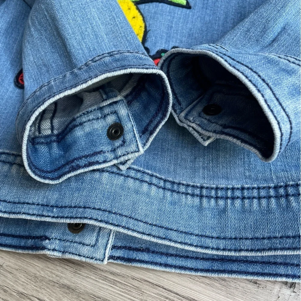 Hanna Anderson Kids Jean Jacket With Colorful Fruit Patches On Front/Back SZ 5
